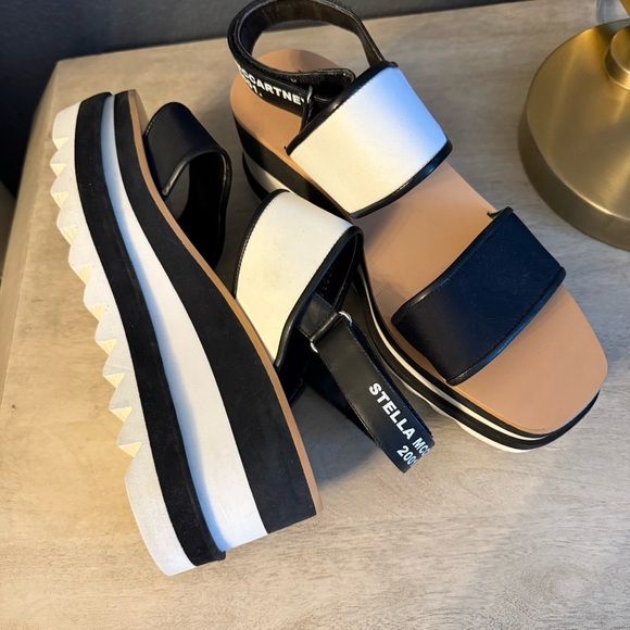 Stella McCartney Shoes - STELLA MCCARTNEY • Black and White logo wedge platform Sandals • size 41